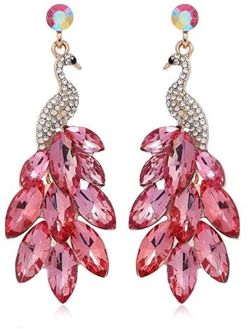 fdsmall Frauen Quasten Ohrringe Pfau Ohrringe Österreichische Kristall Boho Wasserfall Perlen Fransen Tropfen Ohrring (Pink 02)