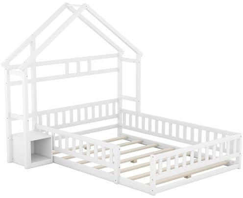 Bodenbett Kinderbett doppelbett 140x200cm,Kinderbetten mit Nachttischen,vielseitiges Holz Kinderbett für Jungen & Mädchen,White