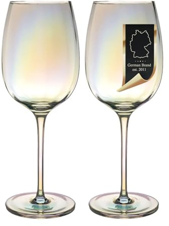 Intirilife Lot de 2 Verres à Vin 440 ml – Reflets Arc-en-ciel, Forme Ondulée – Long Pied pour Vin Blanc et Rouge – Cristal Sans Plomb, Lave-vaisselle, Antichoc – Élégant pour Table, Bar, Cadeau