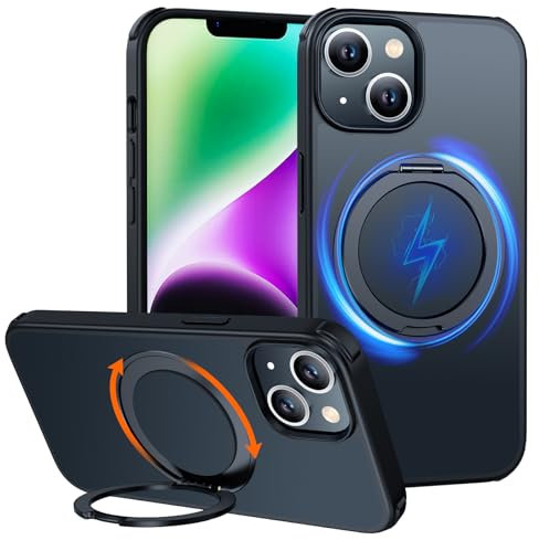 Iokmax for iPhone 13/14 Case [360°Rotatable Magnetic Ring Stand] [MagSafe Compatible] Military-Grade Shockproof Translucent Matte Black Slim Phone Case for iPhone 13/14-6.1