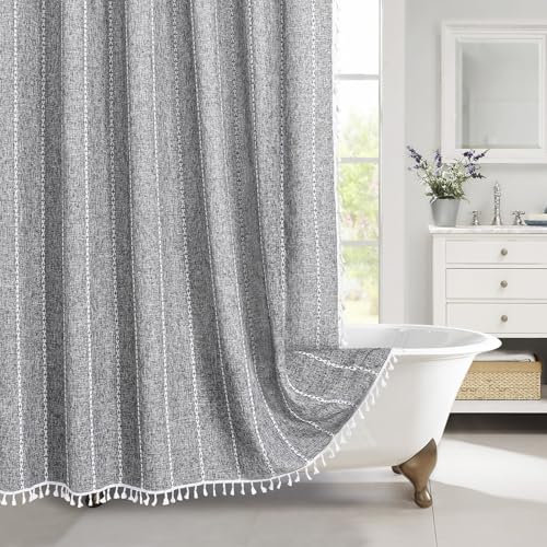 MitoVilla Rideau de douche long en coton et lin, à pompons, style rustique et bohème chic - Pour décoration de salle de bain - Gris anthracite foncé, 183 x 198 cm