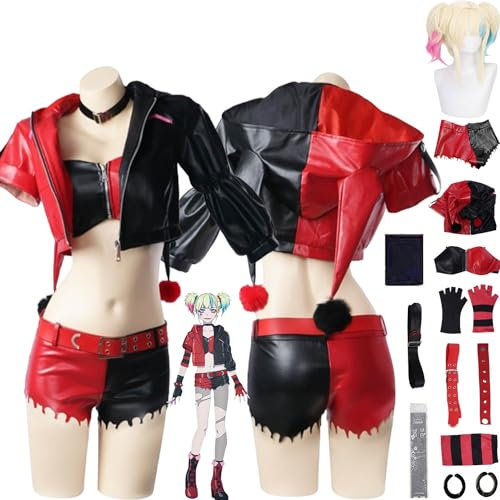 bbganlian Anime Charakter H'arley Q'uinn Cosplay Kostüm Outfit Rollenspiel Uniform komplettes Set Halloween Karneval Party Dress Up Anzug mit Perücke Ohrringe für Frauen Mädchen (XXL)