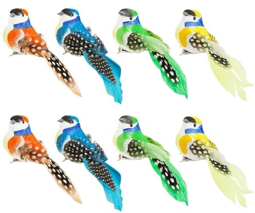 BUOSHUO 8 Stück Künstliche Vögel Deko,Deko Vögel mit Clip,Feder Vogel Modell,Geeignet für Ostern,Garten,Party,Hochzeit Handwerk Dekorationen (Farbig)