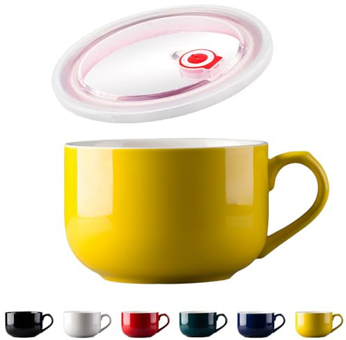 Dowbom Bol à soupe avec couvercle, bol à ramen en porcelaine, bol à nouilles instantanées pour micro-ondes (jaune)