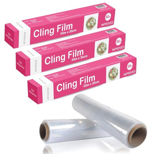 BLISSMART Cling Film Refill & Dispenser 3pk (30cm x 50m Each) Plastic Wrap Food Storage with Cutter Catering Film Microwave-Safe Food Wrap Strong Stretch Wrap for Kitchen