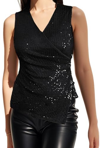 Oberteil Damen Glitzer Elegant Ärmellos Festliche Top Pailletten Bluse Schwarz zur Hochzeit, Blusen für Festliche Anlässe Tank Top (DE/NL/SE/PL, Alphanumerisch, XL, Regular, Regular, Schwarz)