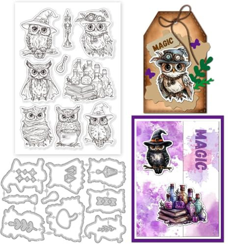GLOBLELAND Magische Eule Silikonstempel Metall Stanzformen Malschablonen Für Die Kartenherstellung Zaubertrankflasche Stempel Stanzformen Kerze Schablonen Set Für DIY Scrapbooking Kunsthandwerk