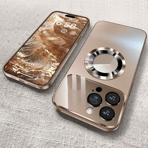 QGGNMGT Luxuriöses magnetisches kabelloses Ladecase mit Glaskameraobjektiv für iPhone 11 12 13 14 15 Pro Max Plus, stoßfeste Hülle, Gold, für iPhone 11 Pro