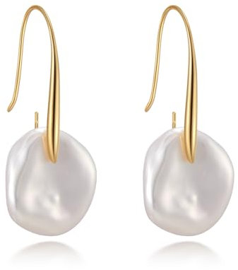 JaruJaru Gold Vermeil Statement Drop Earrings, 18K Gold-plated Sterling Silver Hooks, Large Naturally Formed Freshwater Baroque/Irrgular Pearls, Dates, Bridal Events, and Daily Wear