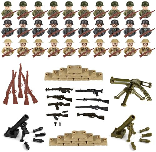 TYSM-CC 30-teiliges Soldaten Action Figuren Set Realistische Mini Militärfiguren mit 2 Mörsern, 1 Maschinengewehr, 2 Bodenplatten, 20 Sandsäcken Perfekt für Geschichtsbegeisterte, Sammler