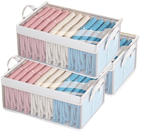 wintfarm 3pcs wardrobe storage organiser with lid,clear foldable storage boxes with Steel Frame,cubes for jeans pants shirts leggings sweaters (3 pcs with lid)