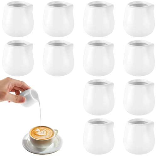 LOLYSIC Milchkännchen Porzellan, 12 Stück Milchkännchen Weiß 60ml Milchkännchen Klein, Schaumkännchen Kleine Espressokanne, Mini-Milchkännchen für Kaffee, Milch, Saucen, Cafe, Küche