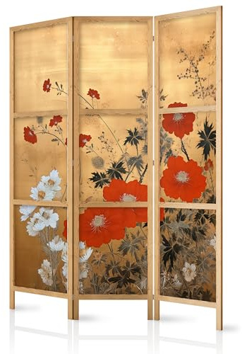 murando - Paravent Japonais Décoratif Intérieur, Fleurs, 135x172 cm | 3 Panneaux, Toile Imprimée, Séparation de Pièce, Impression sur une Seule Face, Pliable, Cadre en Bois, Moderne pour Chambre