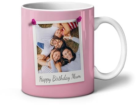 iCaseDesigner Personalised Photo Mug with Name – 5 Colour Themes - Custom Coffee Cup with Retro Photo Print – Unique Gift for Him, Her, Friends, Couples. Pink