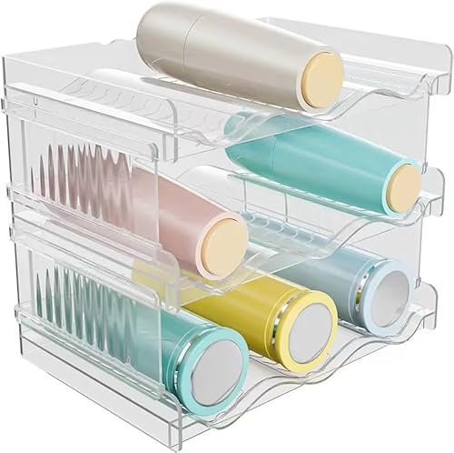GOEDCH Étagères à Bouteilles Empilables en Plastique: 9 Range Bouteille Eau, Organiseur de Réfrigérateur, Porte Bouteilles pour Armoire de Cuisine, Support de Bouteille d'eau à 3 Niveaux