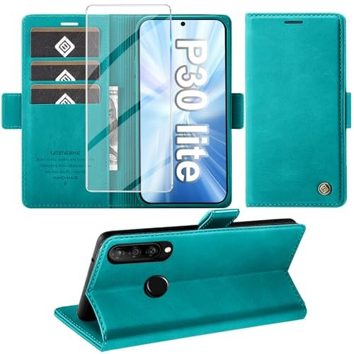 Giyer Cover per Huawei P30 Lite Custodia con Vetro Temperato, Premium Pelle PU Portafoglio Slot per Scheda RFID Antifurto Funzione Supporto Flip Case, Antiurto per Huawei P30 Lite 5G Cover (Cyan)