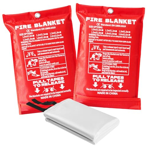 Editbar 2 Stück Löschdecke 120 ×120CM – Hitzebeständig, Schwer Entflammbar, Küche Feuerlöschdecke DIN EN 1869:2019 geprüft, Glasfaser Brandschutzdecke Feuerlöscher Für Haushalt, Küche, Auto & Notfälle
