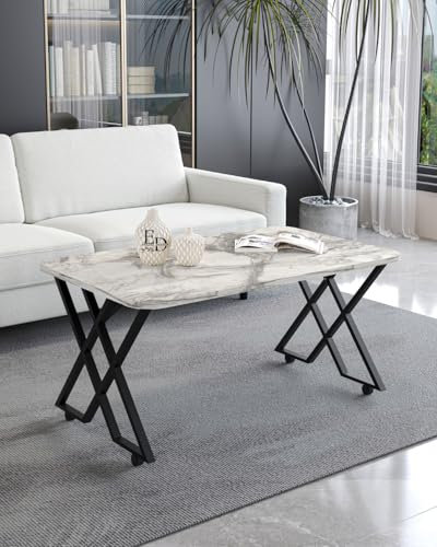 EMIDECO Table Basse Milano Effet Marbre Blanc 100x60 cm – Pieds Croisés Métal Noir avec roulettes ou Patins – Plateau Rectangulaire Design Moderne