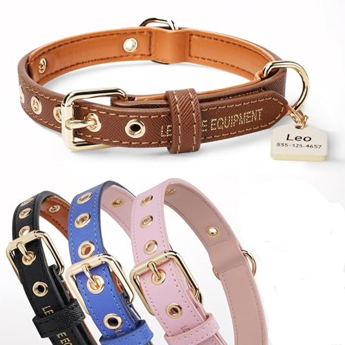 Leone Equipment Hundehalsband aus Leder-Mix | Lederhalsband-Hund verstellbar mit weicher Innenseite & Namensschild | Hundehalsband-Leder für Welpen, kleine & mittelgroße Hunde, Halsband-Hund (Braun,M)