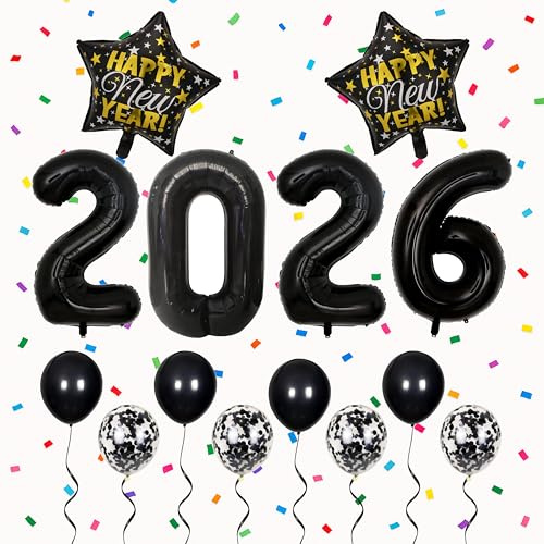 Silvester Deko 2026 Folienballon Set XXL Happy New Year Party Zahlenballons Luftballons Stern Luftballon Silvesterparty Raumdekoration Neujahr Ballon Girlande Gold Schwarz Dekoartikel