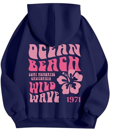 Generisch Hoodie Damen Sweat Drawstring Lockere Pulli Langarm Couple Oversize Blumen & Buchstaben Druck Teenager Herbst Pullover Mit Kängurutasche Sport