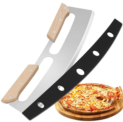Gicyiit Pizza Cutter Rocker Blade with Wooden Handle, Premium 14inch Pizza Knife Rocker Cutter with Sharp Stainless Steel Blade and Protective Cover, Slicing Through Crust in One Single Rocking Motion