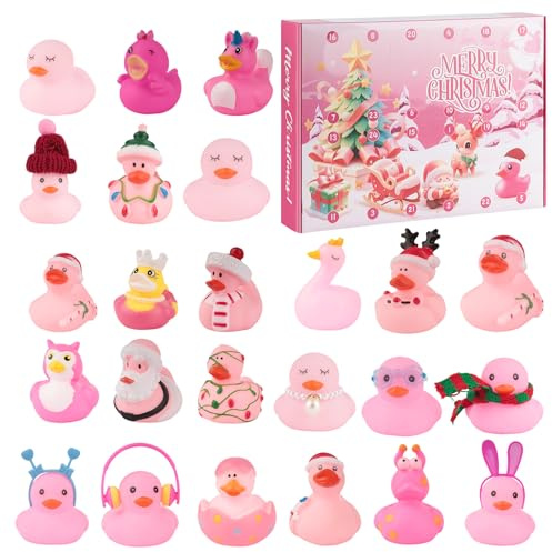 24 Tage Duck Advent Calendar - 2025 Adventskalender, Badeenten Adventskalender Ente, Gummienten Enten Spielzeug, Badespielzeug für Kinder Mädchen Jungen, Weihnachte Weihnachtskalender Kids (Rosa)