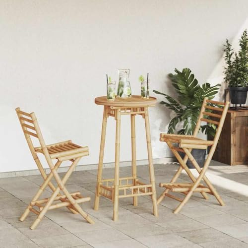 QUAHEAS Lot de 3 bars d'extérieur pliables en bambou - Table ronde 55 x 100 cm - 2 tabourets de bar avec dossier - Pour jardin, terrasse, balcon, piscine
