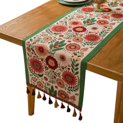 Table Runner,Retro-Luxury Floral Tablecloth with Tassels for Kitchen Dining Table Holiday Decoration