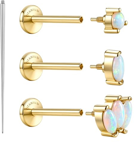 SLLAISS G23 Medical Grade Titanium Flat Back Earrings Studs : 14K Gold Plated Hypoallergenic 18G Threaded Tragus Cartilage Helix Piercing Jewellery Earring for Sensitive Ears Women Men 3 Pcs
