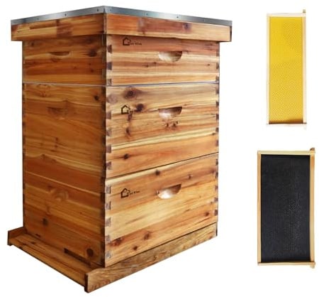 Bienenstock, Zander Beute für 30 Rahmen, Bienenkasten mit Bienenwachs Beschichtetes Zedernholz, 2 Tiefe + 1 Mittelgroßer Bienenhaus, Bienenstock-Set, Bienenstockkasten Nachhaltig Imkereibedarf