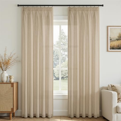 Topfinel Vorhänge Hellbraun Leinen Natürlicher Stil 245x140cm（HxB） Gardinen Wohnzimmer Schlafzimmer Deko Vorhang mit Kräuselband Leinenoptik Vorhang Boho Gardine für Schienensystem 2er Set