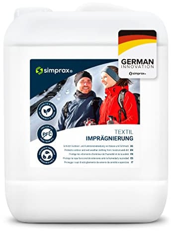 simprax® Spray Impermeabilizzante per Tessuti - Certificato Oeko-Tex - Protezione & Potente Detersivo per Goretex Softshell Sympatex & Abbigliamento Outdoor - Spray Idrorepellente per Tessuti 5 L