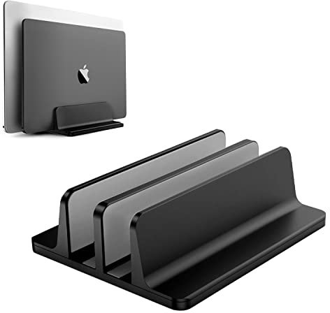 Vertical Laptop Stand Double Adjustable Laptop Holder Dual 2 Slots Upright Laptop Storage Holder for Desk Rack Space Fits All Laptop Models (up to 17.3)-Heavy Duty Polished Aluminum Desktop Holder