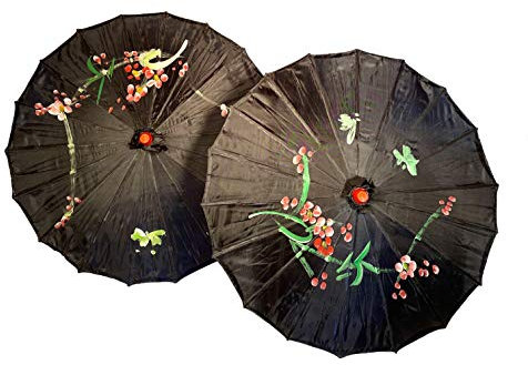 TJ Global 2 japanische chinesische Regenschirme 83,8 cm (33 Zoll), für Hochzeitsfeiern, Fotografie, Kostüme, Cosplay, Dekoration und andere Veranstaltungen – 2 Regenschirme (schwarz)