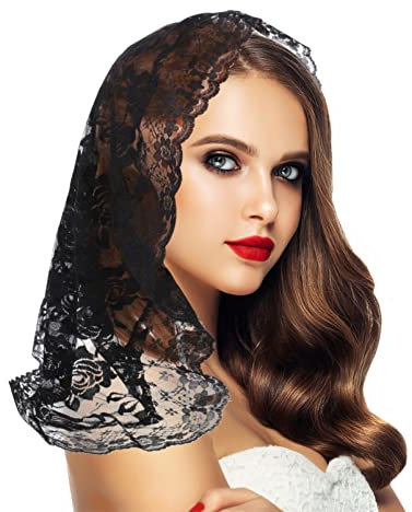 SOLUSTRE Spitze Mantilla Schwarz Schal Halstuch Kopftuch Katholische Schal Kopfbedeckung Frauen Damen Kirche Kopfschmuck Katholisch Zufälliges Muster