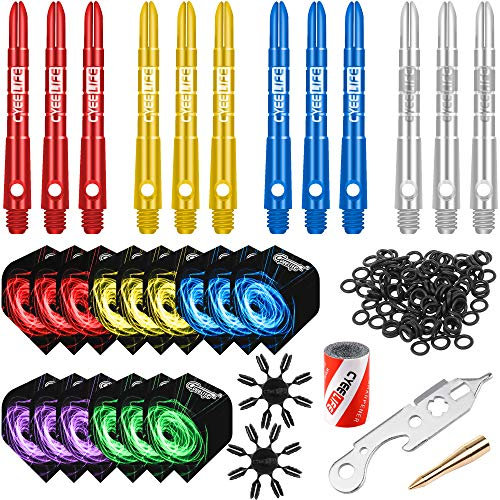 CyeeLife Darts Zubehör Set mit 15 Flights,12 Aluminium Schäfte,50 Gummiringe,2 Werkzeug,Sharpener und 16 Flightkappen