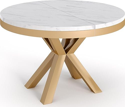 WFL GROUP Runder Ausziehbarer Esstisch - Weiß Tisch im Loft-Stil Golden mit Metallbeinen - Industrieller Tisch für Wohnzimmer - Spacesaver - Golden - Weisser Marmor - 120 cm