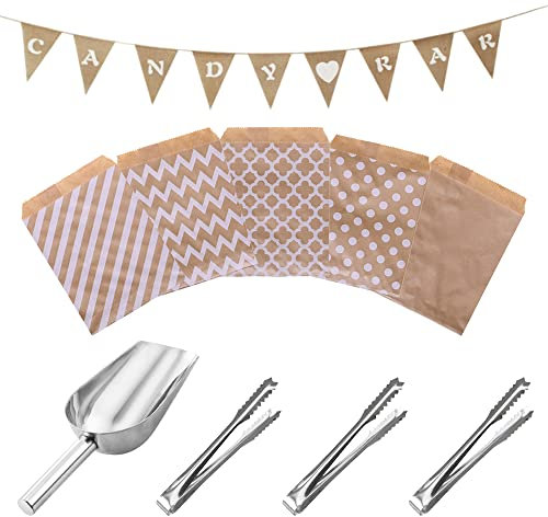Zasvec Pince à Glaçon 3 pièces Pince Bonbon Pelle a Bonbon en Acier Inoxydable avce Candy Bar Banderole et 50 Sachet Papier Bonbon 5 Motifs pour Mariage Fête Partie Anniversaire