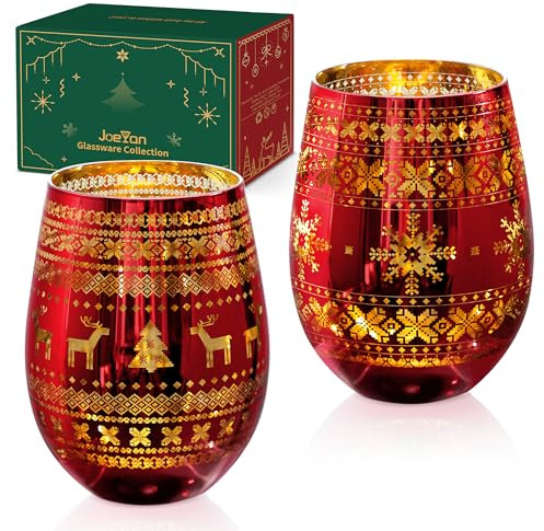 Joeyan 540ml Bicchieri da Vino Senza Stelo di Natale - Set di 2 Bicchieri da Vino con Elemento Natalizio - Colorato Bicchiere in Vetro Soffiato a Mano - Ottimo per Natale e Regali