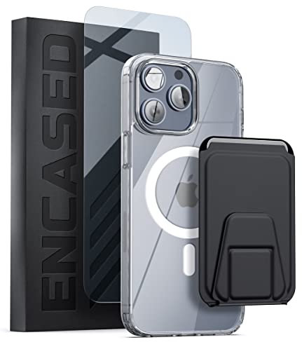 ENCASED Wallet Case Set Designed for iPhone 14 Pro Max Case with Magnetic Kickstand Card Holder (Screen Protector Included) Compatible with MagSafe, Crystal Clear (3-in-1)