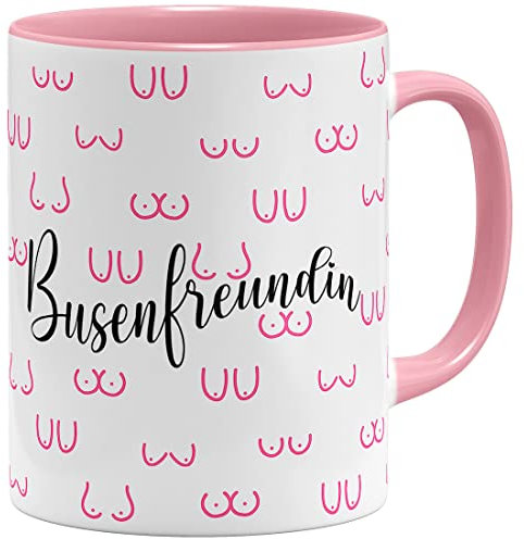 OM3® witzige Busenfreundin Kaffee-Tasse mit Brüsten Doodle BFF Brüste-Muster - Keramik Becher - 325ml - Rundumdruck - Rosa