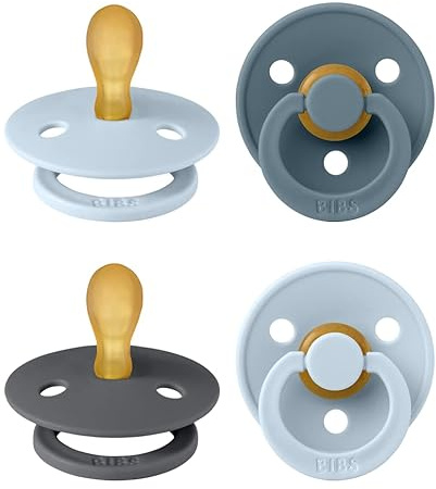 BIBS Colour Symmetrical Soother 4-Pack, BPA Free Dummy Pacifier, Symmetrical Nipple. Natural Rubber Latex, Made in Denmark. 0-6 Months (Pack of 4), Baby Blue Mix