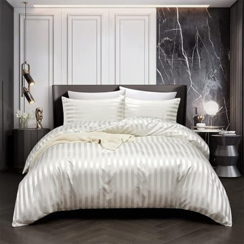 Tospass Sommer Satin Bettwäsche 200x200 cm Beige Weiß Einfarbig Glatt Glänzend Deckenbezug Seide Luxus Glanzsatin Bettwäsche Set Gestreift Bettbezug mit Reißverschluss 2 Kissenbezug 80x80cm