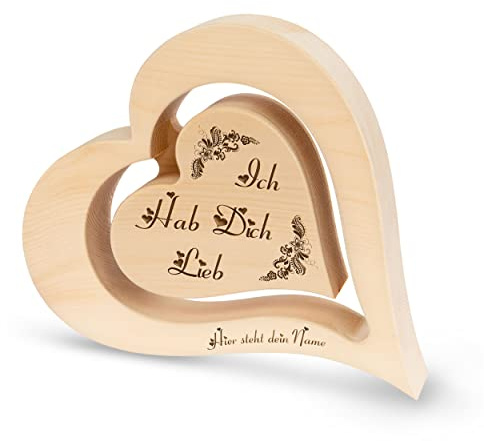 sagl.tirol Herz aus Zirbenholz mit schwebendem innen Herz und Namensgravur [100% Naturprodukt] Muttertag I Vatertag I Geschenkideen für die Mutter I personalisierte Geschenke (Hab Dich lieb & Name)