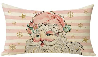 Fjfz Federa decorativa per cuscino con Babbo Natale, rosa, 30,5 x 50,5 cm, rettangolare, a strisce natalizie, fiocchi di neve e neve, decorazione per la casa, per vacanze invernali e stagionali