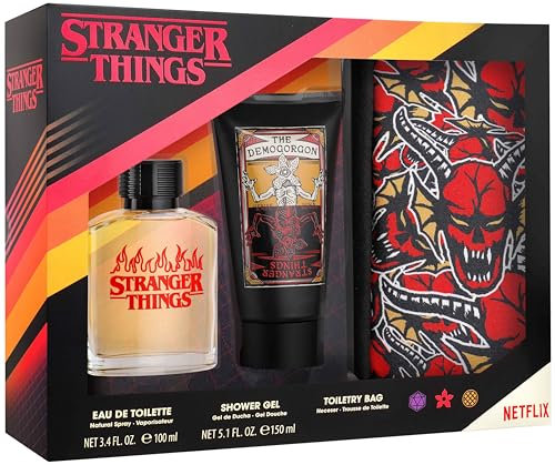 NETFLIX Stranger Things Geschenkset: Eau de Toilette 100ml, Duschgel 150ml und Kosmetiktasche - kraftvoller maskuliner Duft