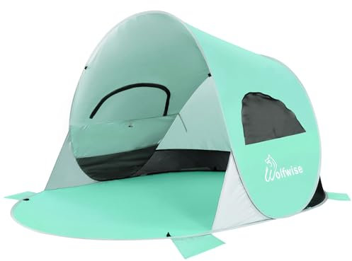 WolfWise Strandmuschel Pop-Up Zelt mit UV-Schutz 50+, 3-4 Personen Strandzelt, Sonnenschutz & Windschutz Tragbar Wurfzelt Baby Kinder Sonnenzelt Beach Tent für Familie Camping Garten Strand Minzgrün