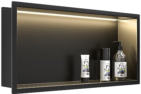 Bernkot Doccia a muro in acciaio inox con striscia LED, 60 cm x 30 cm, impermeabile – non necessita di piastrelle, per il bagno, nicchia, nero opaco