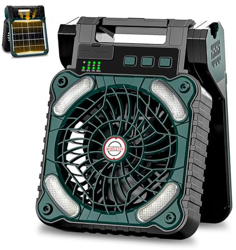 Sendowtek Ventilador Solar para Camping 10400mAh, Portátil Potente y Silencioso 4 Velocidades con Luz LED y Temporizador, Ventilador Batería Recargable USB para Tienda Exterior Camper Viaje Mesa